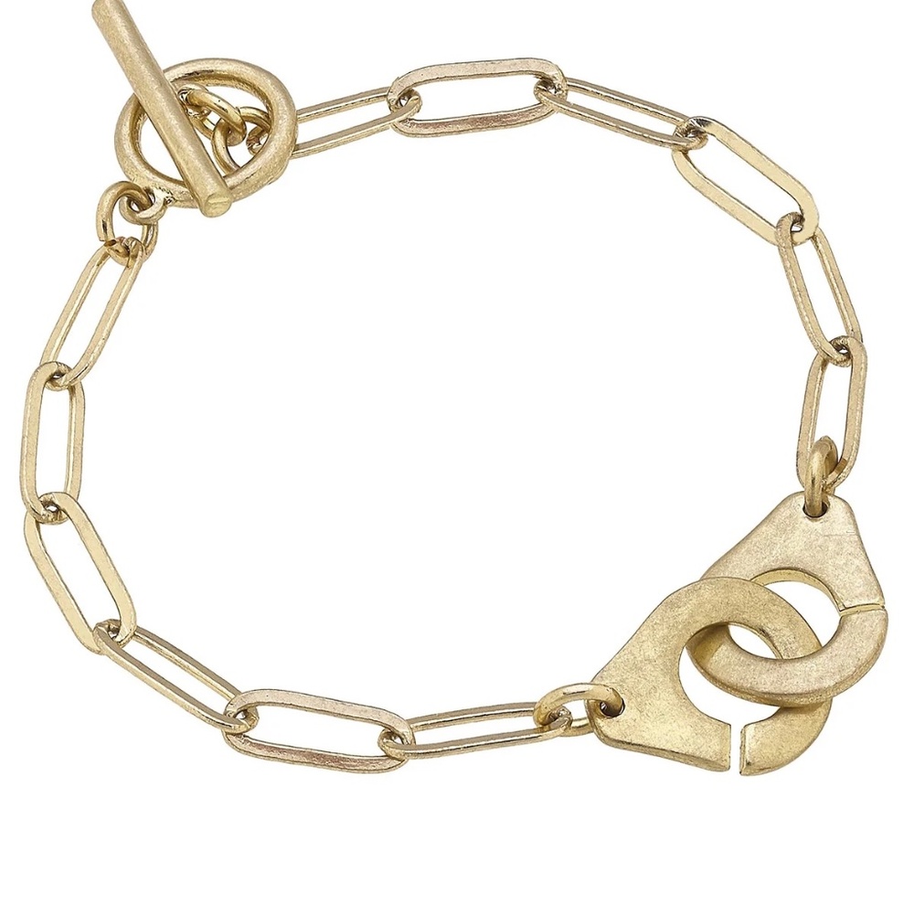 Londyn Handcuff in Paperclip Chain T-Bar Bracelet in Worn Gold